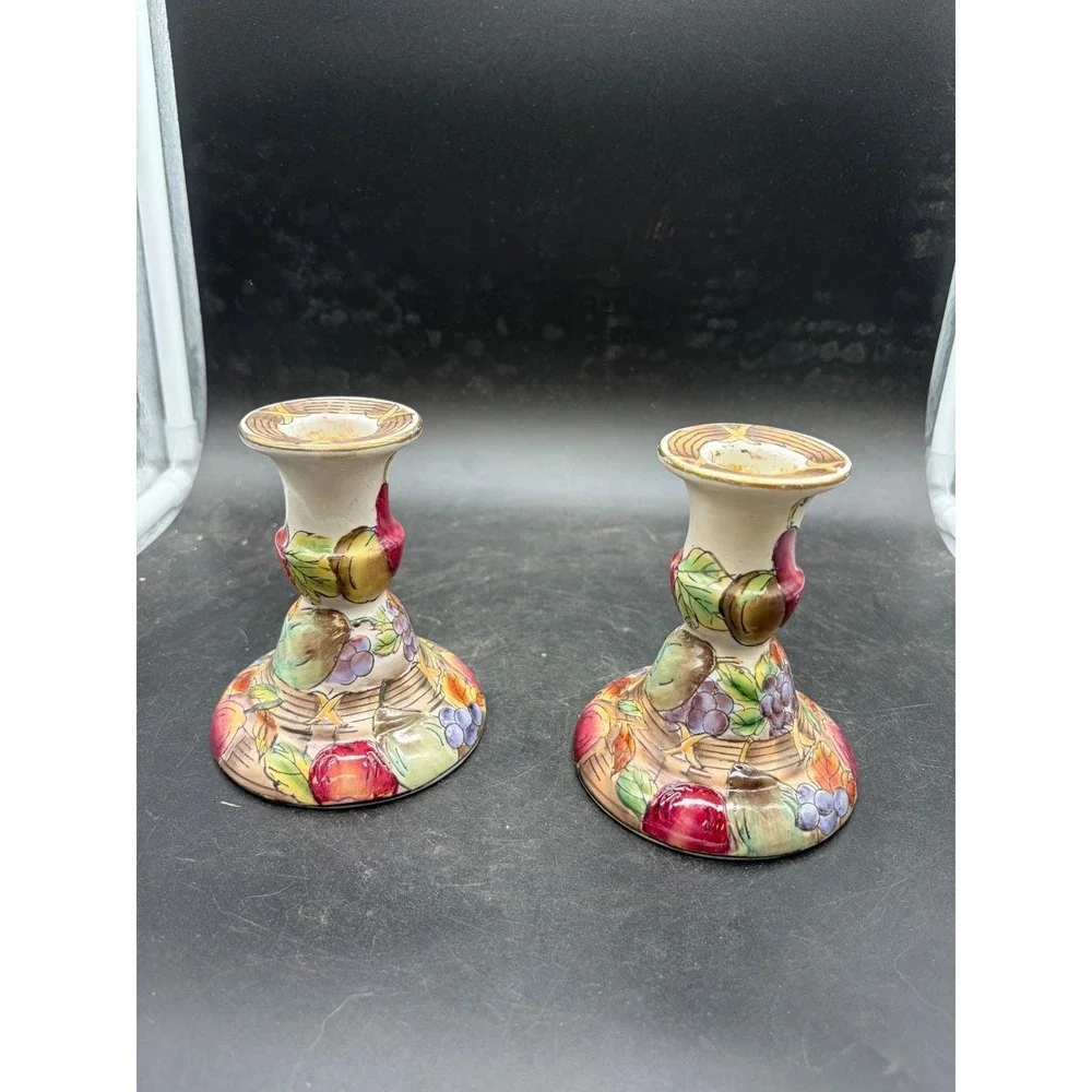 Vintage Ceramic Fruit Harvest Candlestick Holders Pair Hand Painted Decorative